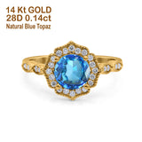 14K Yellow Gold 1.42ct Art Deco Round 7mm G SI Natural Blue Topaz Diamond Engagement Wedding Ring Size 6.5