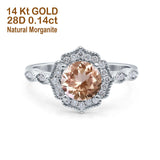 14K White Gold 1.42ct Art Deco Round 7mm G SI Natural Morganite Diamond Engagement Wedding Ring Size 6.5