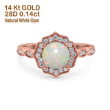 14K Rose Gold 0.14ct Art Deco Round 7mm G SI Natural White Opal Diamond Engagement Wedding Ring Size 6.5