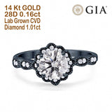 14K Black Gold Floral Art Deco GIA Certified Round 6.5mm F VS1 1.01ct Lab Grown CVD Diamond Engagement Wedding Ring