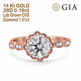 14K Rose Gold Floral Art Deco GIA Certified Round 6.5mm F VS1 1.01ct Lab Grown CVD Diamond Engagement Wedding Ring