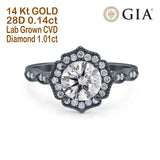 14K Black Gold Art Deco Round GIA Certified 6.5mm D VS1 1.01ct Lab Grown CVD Diamond Engagement Wedding Ring Size 6.5
