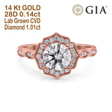 14K Rose Gold Art Deco Round GIA Certified 6.5mm D VS1 1.01ct Lab Grown CVD Diamond Engagement Wedding Ring Size 6.5