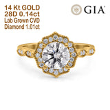14K Yellow Gold Art Deco Round GIA Certified 6.5mm D VS1 1.01ct Lab Grown CVD Diamond Engagement Wedding Ring Size 6.5