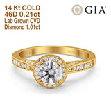 14K Yellow Gold Halo GIA Certified Round 6.5mm D VS1 1.01ct Lab Grown CVD Diamond Engagement Wedding Ring