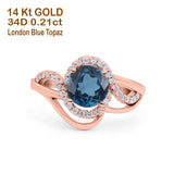 14K Rose Gold 1.49ct Art Deco Round 7mm G SI London Blue Topaz Diamond Engagement Wedding Ring Size 6.5