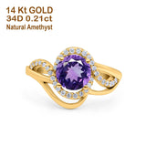 14K Yellow Gold 1.49ct Art Deco Round 7mm G SI Natural Amethyst Diamond Engagement Wedding Ring Size 6.5