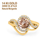 14K Yellow Gold 1.49ct Art Deco Round 7mm G SI Natural Morganite Diamond Engagement Wedding Ring Size 6.5