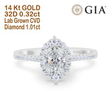 14K White Gold Oval Halo Art Deco 8mmx6mm D VS2 GIA Certified 1.01ct Lab Grown CVD Diamond Engagement Wedding Ring Size 6.5