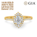 14K Yellow Gold Oval Halo Art Deco 8mmx6mm D VS2 GIA Certified 1.01ct Lab Grown CVD Diamond Engagement Wedding Ring