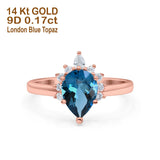 14K Rose Gold 1.5ct Teardrop Art Deco Pear 9mmx6mm G SI London Blue Topaz Diamond Engagement Wedding Ring Size 6.5