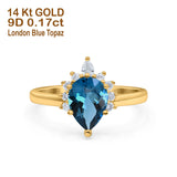 14K Yellow Gold 1.5ct Teardrop Art Deco Pear 9mmx6mm G SI London Blue Topaz Diamond Engagement Wedding Ring Size 6.5