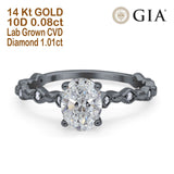 14K Black Gold Oval Art Deco 8mmx6mm D VS2 GIA Certified 1.01ct Lab Grown CVD Diamond Engagement Wedding Ring Size 6.5