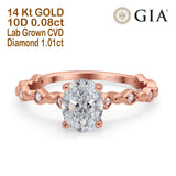 14K Rose Gold Oval Art Deco 8mmx6mm D VS2 GIA Certified 1.01ct Lab Grown CVD Diamond Engagement Wedding Ring Size 6.5