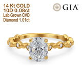 14K Yellow Gold Oval Art Deco 8mmx6mm D VS2 GIA Certified 1.01ct Lab Grown CVD Diamond Engagement Wedding Ring Size 6.5