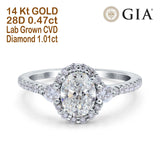 14K White Gold Oval Art Deco 8mmx6mm D VS2 GIA Certified 1.01ct Lab Grown CVD Diamond Engagement Wedding Ring Size 6.5