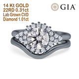 14K Black Gold Two Piece Halo Round GIA Certified 6.5mm D VS1 1.01ct Lab Grown CVD Diamond Engagement Wedding Ring Size 6.5