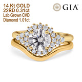 14K Yellow Gold Two Piece Halo Round GIA Certified 6.5mm D VS1 1.01ct Lab Grown CVD Diamond Engagement Wedding Ring Size 6.5