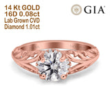 14K Rose Gold Round Art Deco Filigree GIA Certified 6.5mm D VS1 1.01ct Lab Grown CVD Diamond Engagement Wedding Ring Size 6.5
