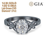 14K Black Gold Oval Butterfly Accent 8mmx6mm D VS2 GIA Certified 1.01ct Lab Grown CVD Diamond Engagement Wedding Ring Size 6.5