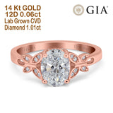 14K Rose Gold Oval Butterfly Accent 8mmx6mm D VS2 GIA Certified 1.01ct Lab Grown CVD Diamond Engagement Wedding Ring Size 6.5