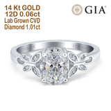 14K White Gold Oval Butterfly Accent 8mmx6mm D VS2 GIA Certified 1.01ct Lab Grown CVD Diamond Engagement Wedding Ring Size 6.5