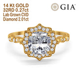 14K Yellow Gold Halo Cushion GIA Certified 8mm I VVS2 2.01ct Lab Grown CVD Diamond Engagement Wedding Ring
