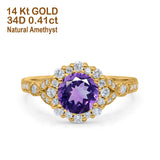 14K Yellow Gold 1.25ct Floral Art Deco Round 6mm G SI Natural Amethyst Diamond Engagement Wedding Ring Size 6.5