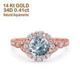 14K Rose Gold 1.25ct Floral Art Deco Round 6mm G SI Natural Aquamarine Diamond Engagement Wedding Ring Size 6.5