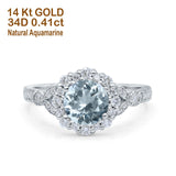 14K White Gold 1.25ct Floral Art Deco Round 6mm G SI Natural Aquamarine Diamond Engagement Wedding Ring Size 6.5