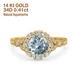 14K Yellow Gold 1.25ct Floral Art Deco Round 6mm G SI Natural Aquamarine Diamond Engagement Wedding Ring Size 6.5