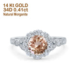 14K White Gold 1.25ct Floral Art Deco Round 6mm G SI Natural Morganite Diamond Engagement Wedding Ring Size 6.5