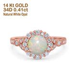 14K Rose Gold 0.41ct Floral Art Deco Round 6mm G SI Natural White Opal Diamond Engagement Wedding Ring Size 6.5