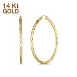 Solid 14K Tri Color Gold 3mm Thickness Hinged Diamond Cut Hoop Earrings - 6 Different Size Available, Best Anniversary Birthday Gift for Her