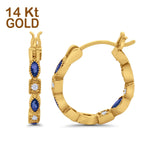 14K Yellow Gold Art Deco Hoop Earrings Marquise Round Simulated Blue Sapphire CZ