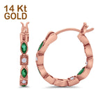 14K Rose Gold Art Deco Hoop Earrings Marquise Round Simulated Green Emerald CZ