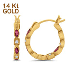 14K Yellow Gold Art Deco Hoop Earrings Marquise Round Simulated Ruby CZ
