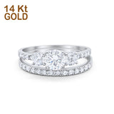 14K White Gold Round Three Stone Piece Wedding Bridal Set Ring Band Engagement Simulated CZ Size-7