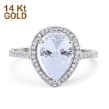 14K White Gold Halo Teardrop Bridal Ring Pear Round Cubic Zirconia Size-7