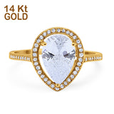 14K Yellow Gold Halo Teardrop Bridal Ring Pear Round Cubic Zirconia Size-7
