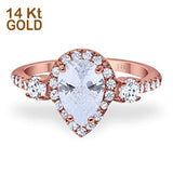 14K Rose Gold Three Stone Halo Teardrop Pear Fashion Bridal Wedding Engagement Ring Simulated CZ Size-7