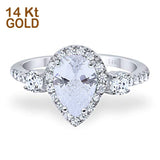 14K White Gold Three Stone Halo Teardrop Pear Fashion Bridal Wedding Engagement Ring Simulated CZ