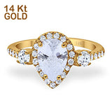 14K Yellow Gold Three Stone Halo Teardrop Pear Fashion Bridal Wedding Engagement Ring Simulated CZ Size-7