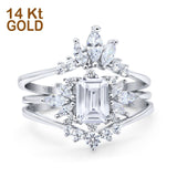 14K White Gold Emerald Cut Trio Set Engagement Rings Three Piece Bridal Set Marquise Round Simulated Cubic Zirconia