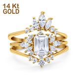 14K Yellow Gold Emerald Cut Trio Set Engagement Rings Three Piece Bridal Set Marquise Round Simulated Cubic Zirconia