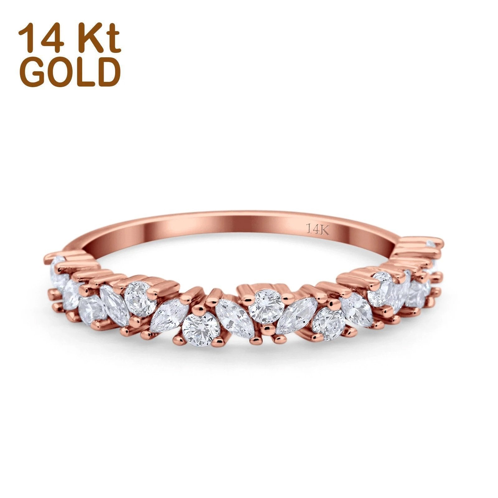 14K Rose Gold Half Eternity Art Deco Wedding Band Ring Marquise Round