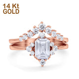 14K Rose Gold Emerald Cut Art Deco Two Piece Bridal Set Ring Engagement Band Simulated CZ Size-7