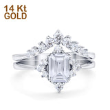14K White Gold Emerald Cut Art Deco Two Piece Bridal Set Ring Engagement Band Simulated CZ Size-7