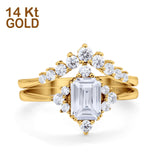 14K Yellow Gold Emerald Cut Art Deco Two Piece Bridal Set Ring Engagement Band Simulated CZ