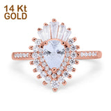 14K Rose Gold Pear Engagement Ring Baguette Simulated Cubic Zirconia Size-7